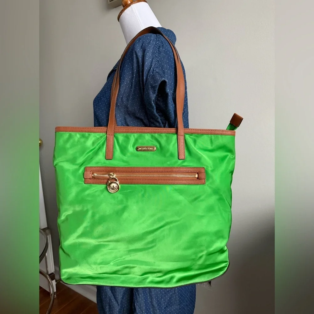 Michael Kors Green Nylon Tote | Leather Trim | Lightweight Everyday Carryall